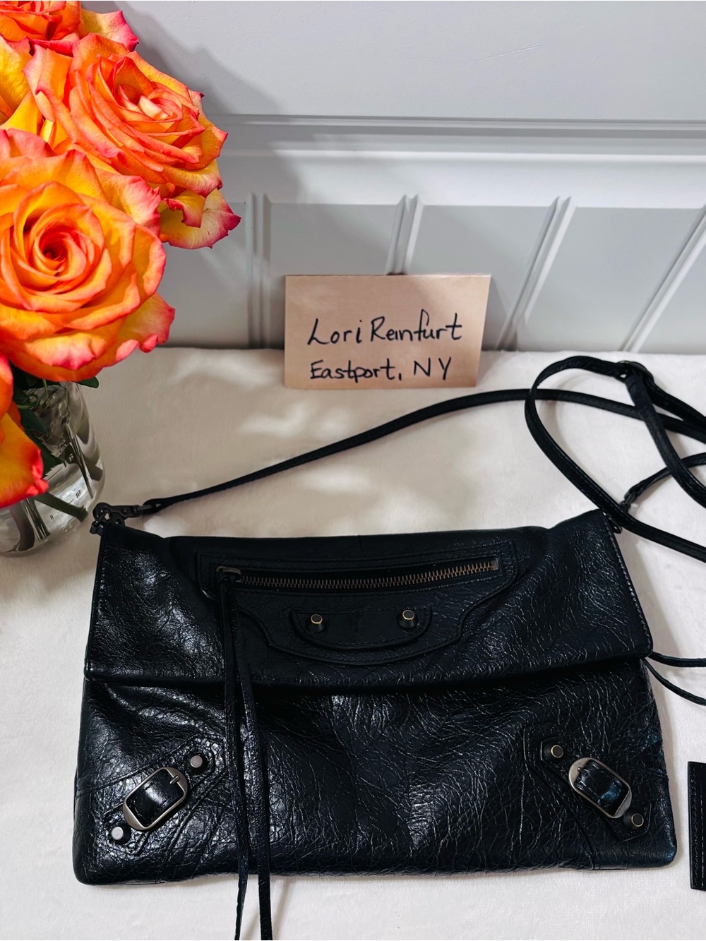 Balenciaga Black Leather Crossbody Clutch with Silver Hardware